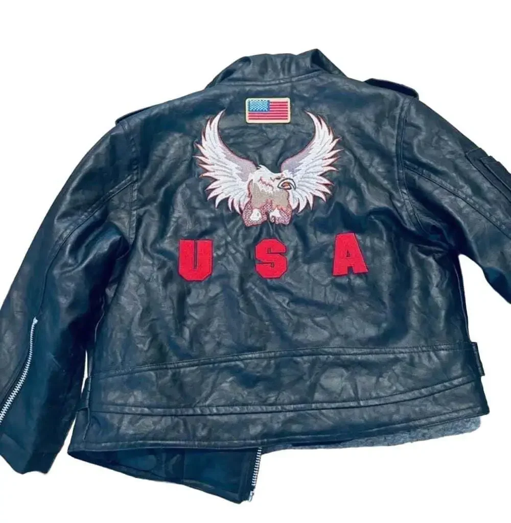 Outdoor Habitat Kids Black Faux Leather Motorcycle USA Biker Jacket Sz 6T